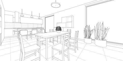 interior kitchen living room 3d illustration
