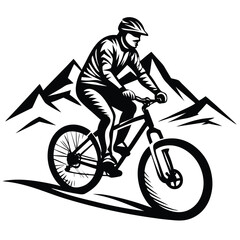 Naklejka premium Mountain biker riding downhill with peaks mountain biking