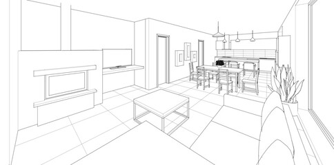 interior kitchen living room 3d illustration