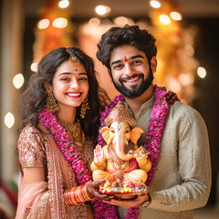 Young indian couple holding lord ganesha statue