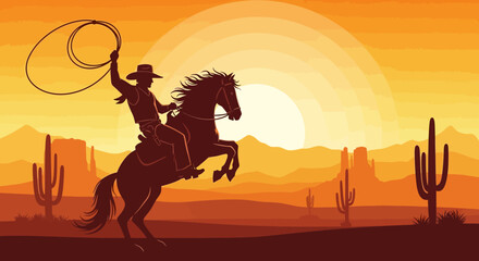 Western Adventure Silhouette of Cowboy Riding a Horse at Sunset in the Desert Landscape