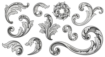 Elegant Floral Ornament Collection  Classic Acanthus Scrollwork in Vector Format, for Decorative Designs and Artistic Projects