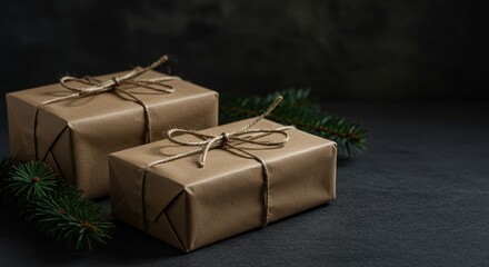 Two brown paper gifts with twine sit near pine branches