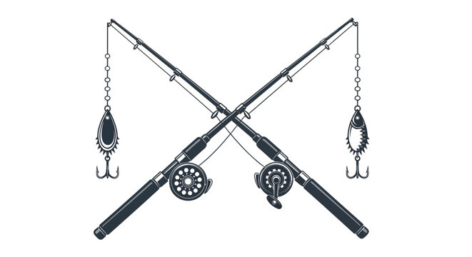 Crossed Fishing Rods with Reels and Lures Illustration, a classic emblem of angling and recreational outdoor pursuits.