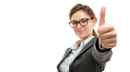 Successful businesswoman showing thumbs up, wearing glasses and a suit, confident and positive expression.