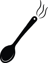 Simple Black and White Illustration of a Wooden Spoon with Steam