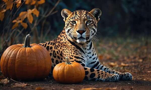 A majestic leopard resting beside two pumpkins in a serene autumn forest, showcasing nature's beauty