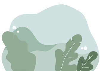 Abstract green leaves on blue background with white circles. Nature concept for ecology, environment, and organic themes.