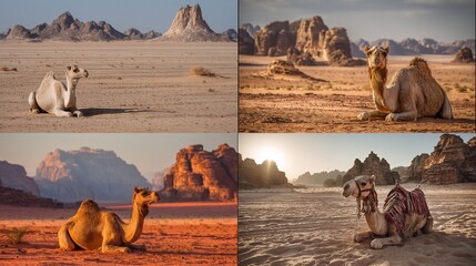 Four panels showing camels resting in various desert environments, rocky landscapes under sunny skies