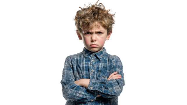 Young boy pouting with a serious expression, wearing a blue plaid shirt, isolated on white background.