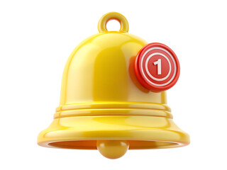 A shiny yellow notification bell with a red badge displaying the number one, isolated on a transparent background