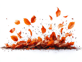Autumn leaves scattered in a dramatic fall against a white background.