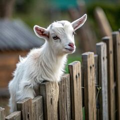A white domestic goat grazes in a green, rural pasture