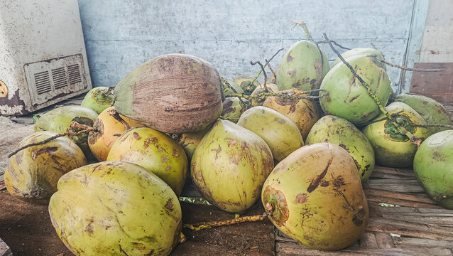 Pile of Fresh Green and Brown Coconuts on a Woven Mat