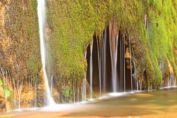 Water cascades gently over moss-covered rocks in a tranquil natural setting during midday, creating a serene and refreshing atmosphere © Akshatha