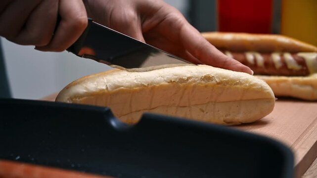 Close-Up of Hand Slicing Fresh Bread Roll for Delicious Hot Dog in Cozy Kitchen Setting