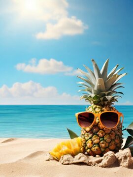 Pineapple with sunglasses on a beach