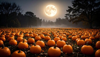 Fototapeta premium A vast field of pumpkins under a full moon at night, bathed in an ethereal glow. Fog drifts across the field, with trees silhouetted against the night sky