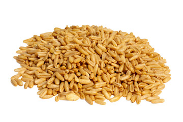 The High-resolution photograph of oats spread out on a white background, taken using the split-focus technique.