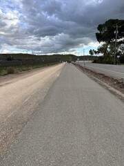 Fototapeta premium Scenic view of a country road surrounded by vineyards on a cloudy day in the afternoon