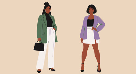 Two stylish women showcasing different fashion outfits and accessories