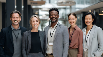Five smiling professionals pose in an office setting wearing lanyards