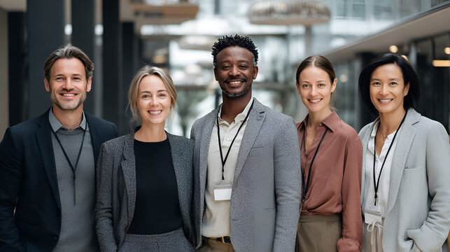 Five smiling professionals pose in an office setting wearing lanyards