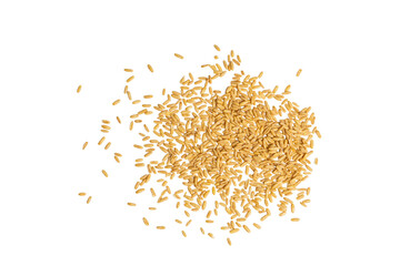 The High-resolution photograph of oats spread out on a white background, taken using the split-focus technique.