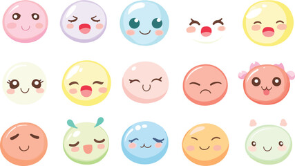 Fototapeta premium Cute Kawaii Emoticons Set Different Cartoon Emoji Characters with Various Expressions
