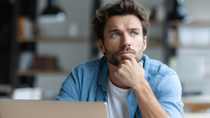 Naklejka premium Man thoughtfully gazes upward resting his chin on his hand by his laptop