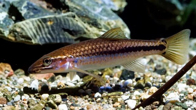 Serpentine loach swimming in clear water with pebble substrate, rocks, and driftwood in a freshwater tropical fish tank, close up view.