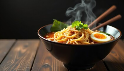 Steaming bowl of ramen noodles, chopsticks, garnish, asian, delicious, seafood