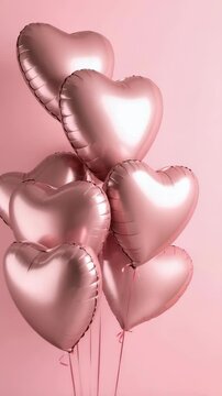 Several heart shaped pink balloons floating in front of a pink colored background indoors for a celebration