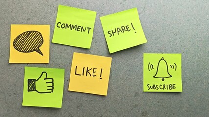 Social Media Engagement Like Share Comment Subscribe Sticky Note Animation. - Powered by Adobe