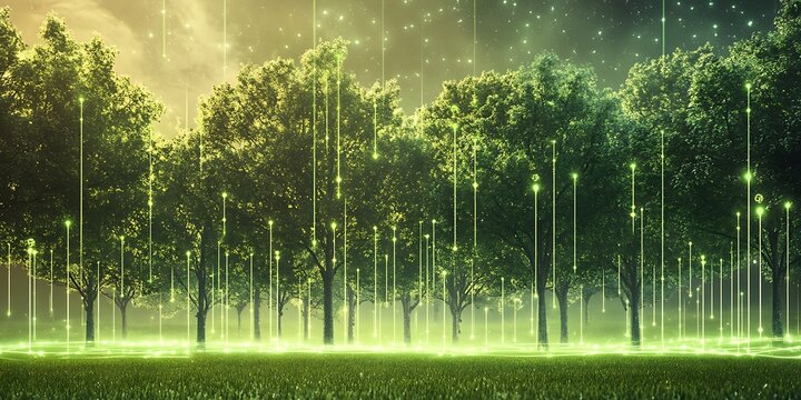 A vibrant forest of lush green trees illuminated by bright, glowing energy lines overhead, symbolizing growth, sustainability, and the thriving development of an eco-friendly ecosystem.