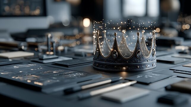 Digital Crown Icon Hovering Above A Business Desk Setup, Which Includes A Closed Leadership Manual, Sticky Notes, And A Stylus Pen. The Environment Should Hav