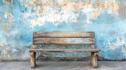 Rustic bench resting against an antiquated wall with vibrant azure hues