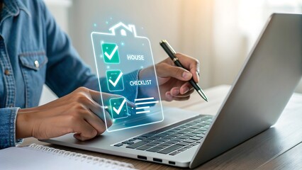 Person Wearing Denim Shirt Using Laptop with Holographic Checklist Showing House Icon and Green Checkmarks
