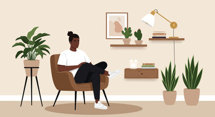 A man is relaxing in a chair at home surrounded by plants and modern decor