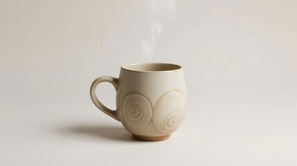 Morning Brew in a Mug: A steaming ceramic mug with a two-tone design and elegant embossed patterns, set against a white background with soft shadows, creating a cozy and inviting scene.