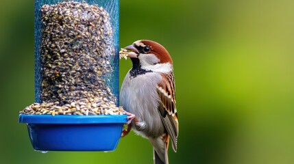 Naklejka premium Sparrow eats seeds from a bird feeder