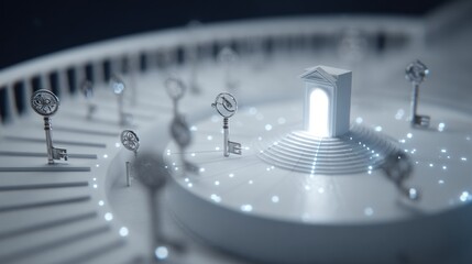 Abstract keys surround a glowing doorway