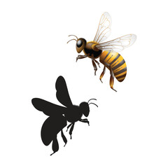 flying honey bee with white and black design vector art on white background