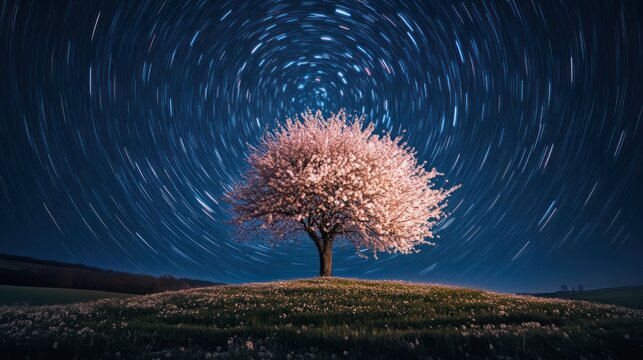 Blossoming tree at night under a swirling star-trail sky