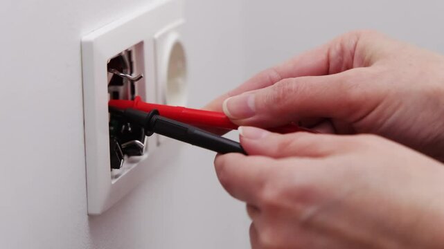 Close-up of a person using multimeter probes to test an electrical outlet, highlighting safety and electrical diagnostics in home maintenance.