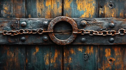 Weathered wooden door with rusty metal ring, chain, and old bolts showing distressed textures