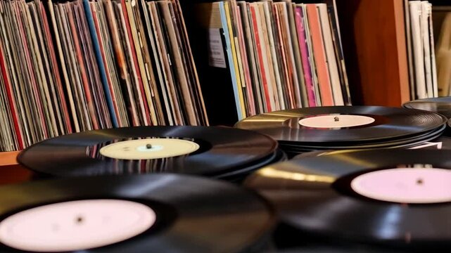 Collection of vinyl records stacked in a studio setting with a wooden shelf of albums in the background, vintage audio media.