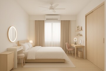 Fototapeta premium Minimalist Serenity A bright, minimalist bedroom featuring a bed with white linen, light wood furniture including a vanity and desk, neutral tones, and natural light, creating a serene and functional 