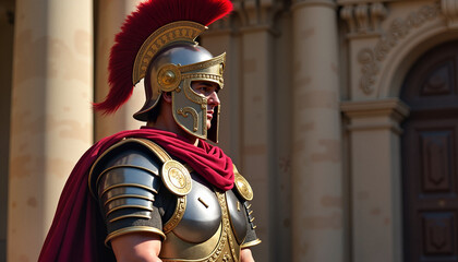 Roman soldier in armor standing guard outside
