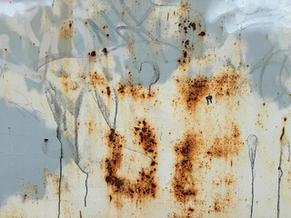 Graffiti and rust on weathered metal wall